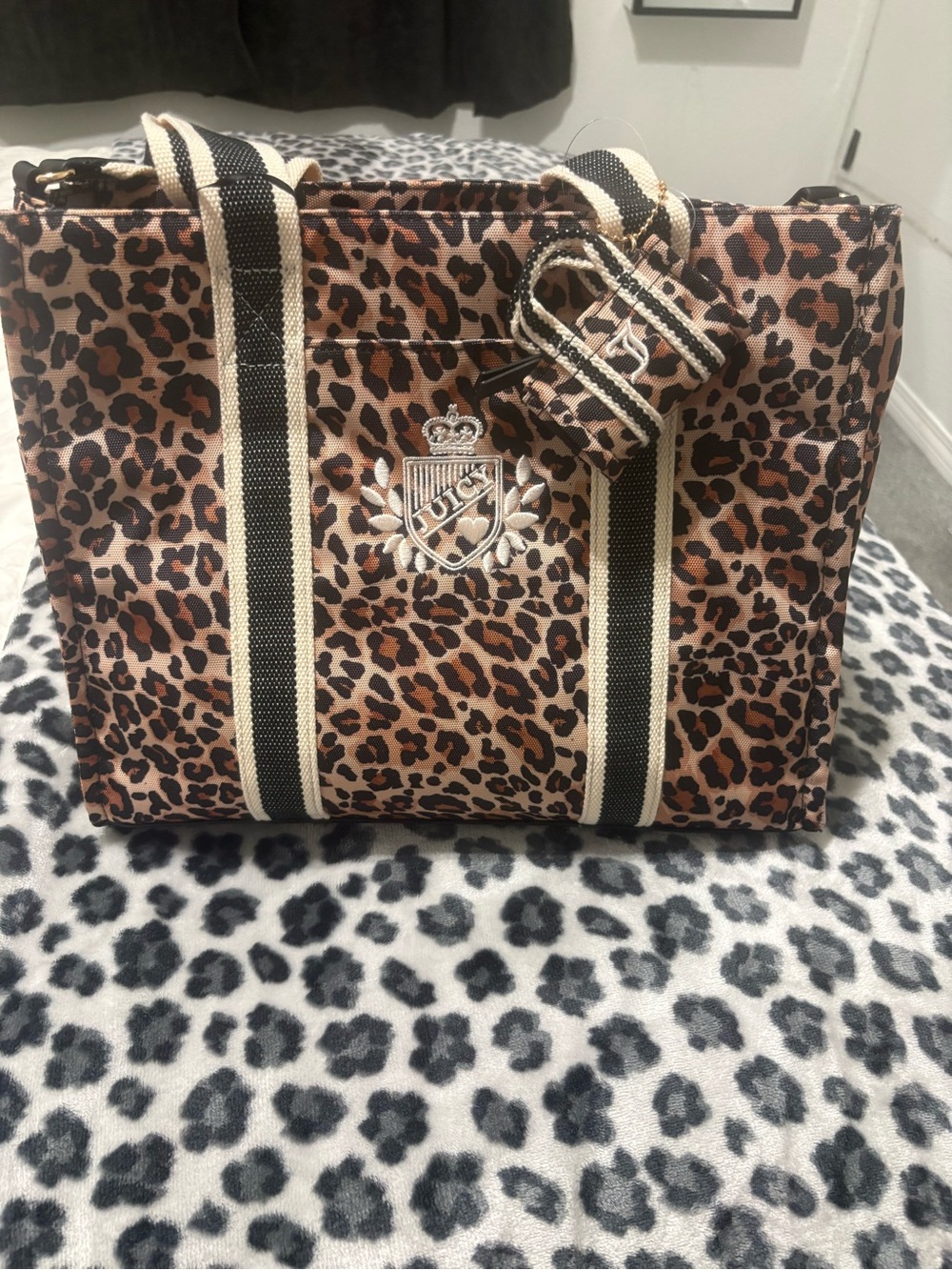 Juicy Couture Leopard Print Tote with Black and Cream Straps